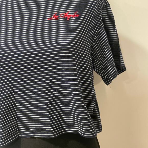 Dirtee Laundry crop tee LARGE blue and white stripes S/L Los Angeles embroider - Picture 2 of 11
